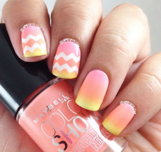 Pink And Yellow Ombre Chevron Nail Art