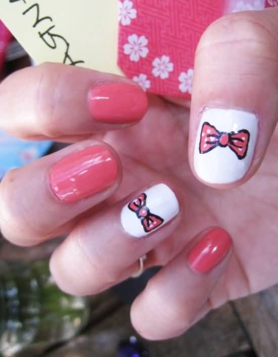 Pink Bows Nail Art Design On White Nails