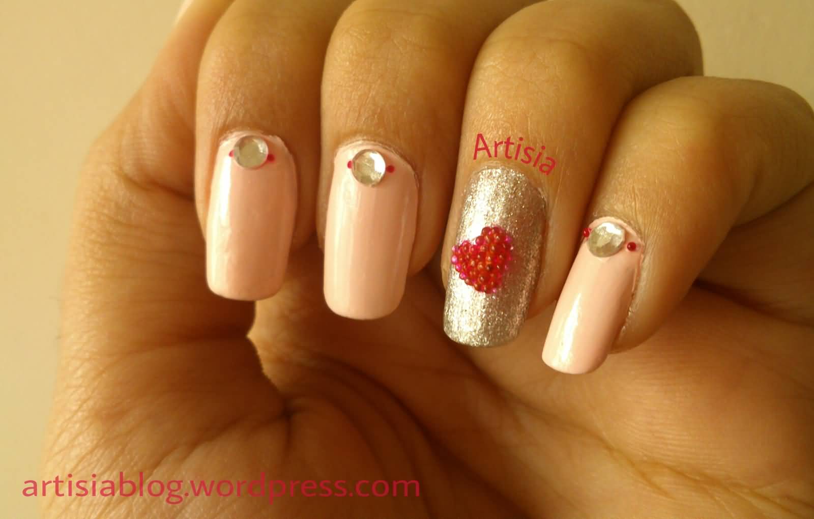 Pink Caviar Heart On Silver Nail