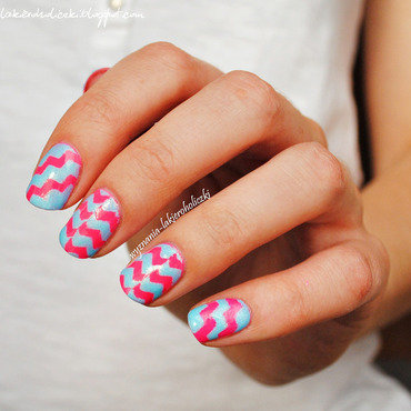 Pink Chevron Nail Design On Blue Nails