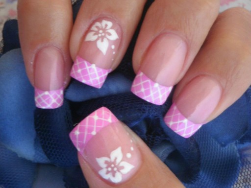 Pink Corset French Tip With White Flowers Nail Art