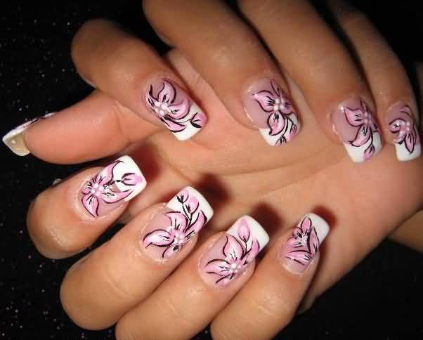 Pink Flower Nail Art With White French Tip