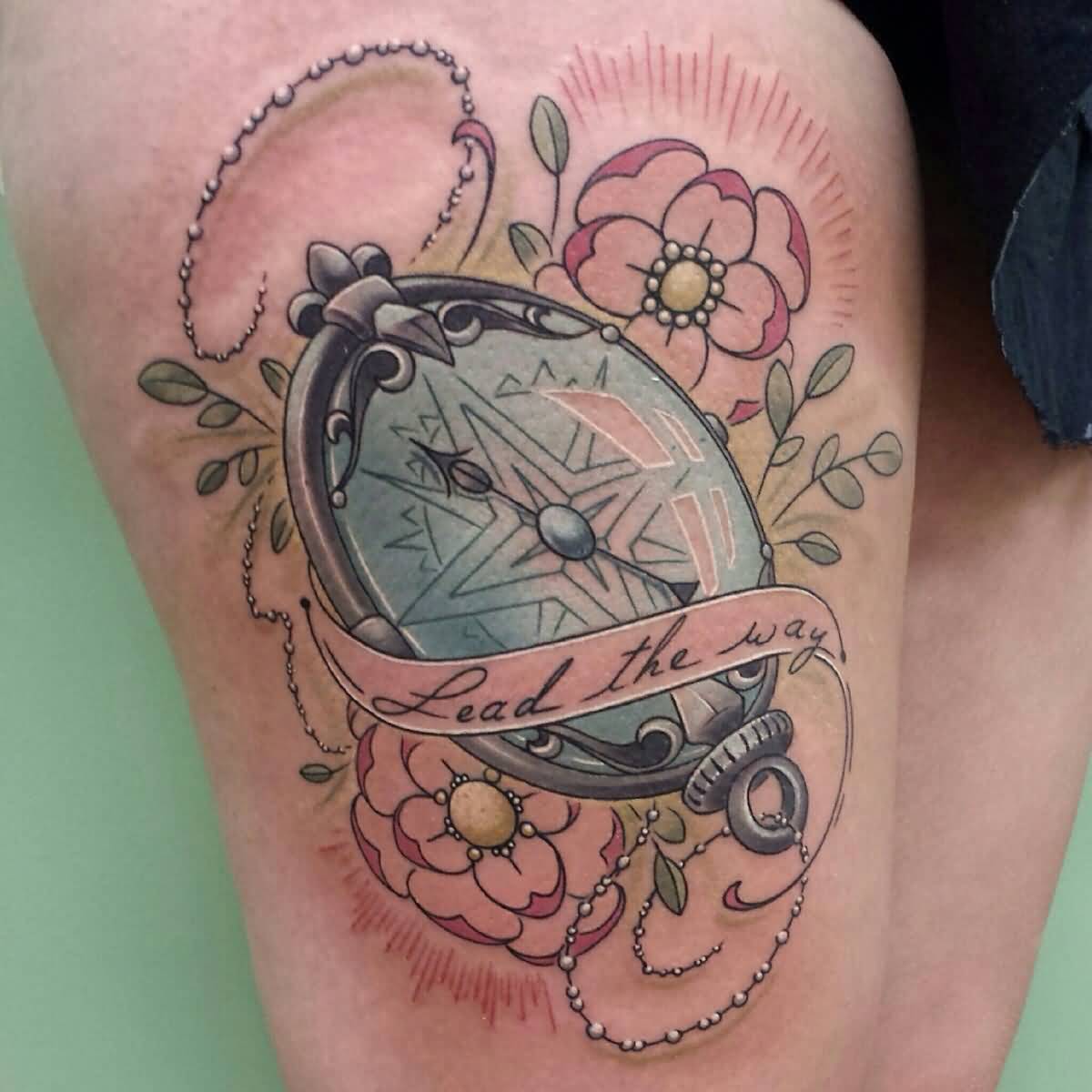 Pink Flowers And Feminine Compass Tattoo On Right Thigh