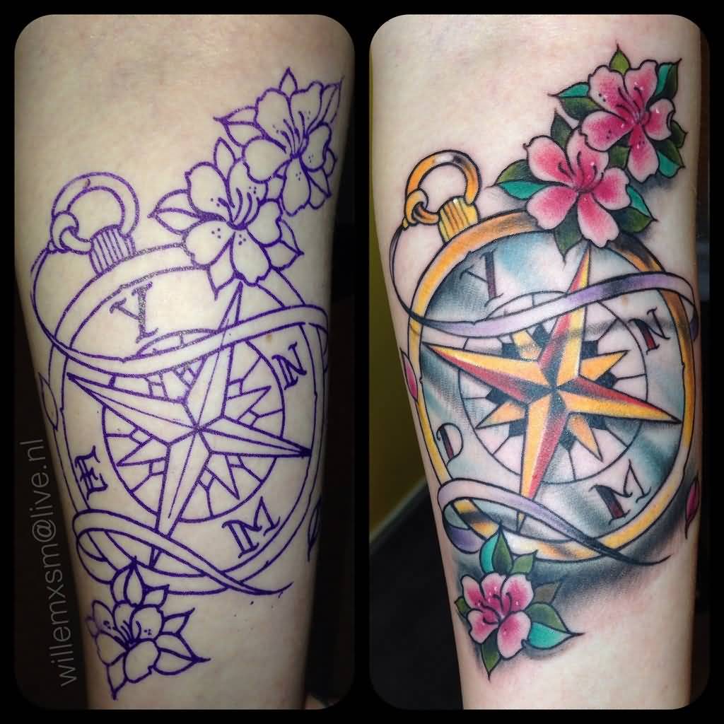 Pink Flowers And Feminine Compass Tattoo Idea