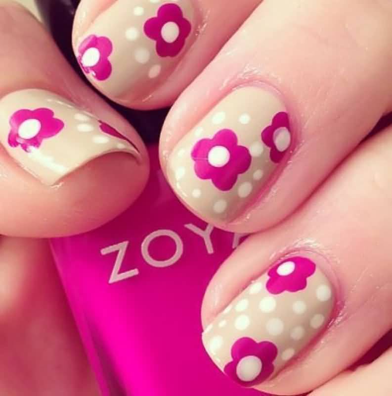 Pink Flowers And White Polka Dots Nail Art