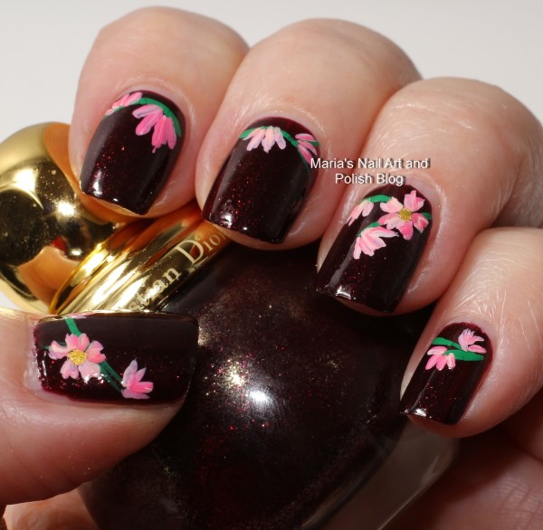 Pink Flowers Nail Art On Black Nails