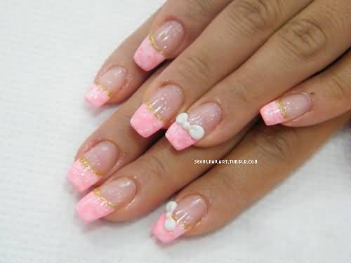 Pink French Tip Nail Art With Accent 3d Bow Design