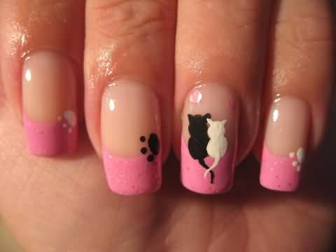 Pink French Tip Nail Art With Black And Whit Sitting Cats Picture