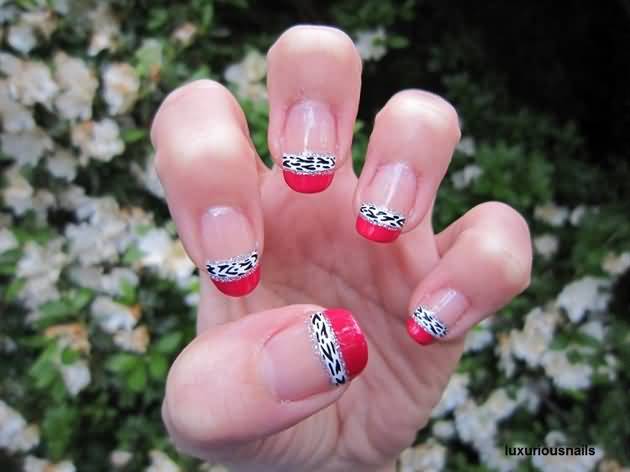 Pink French Tip Nail Art With Zebra Print Design
