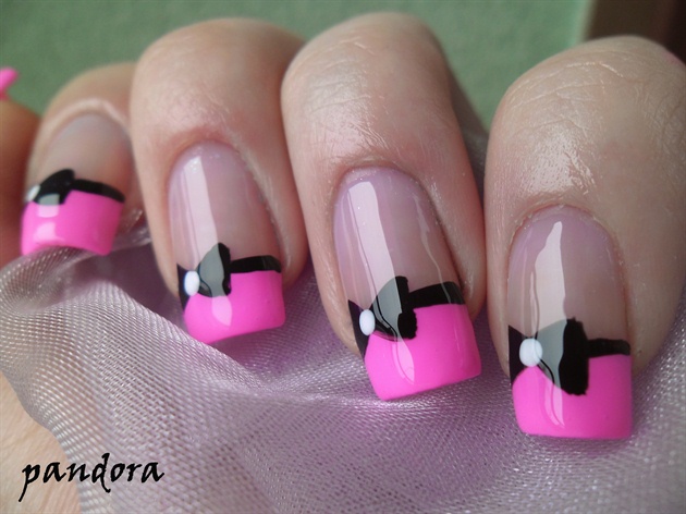 Pink French Tip With Black Bow Nail Art