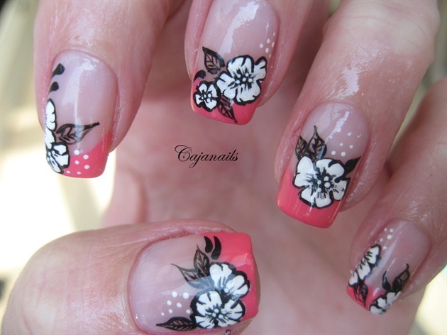 Pink French Tip With White Flowers Nail Design