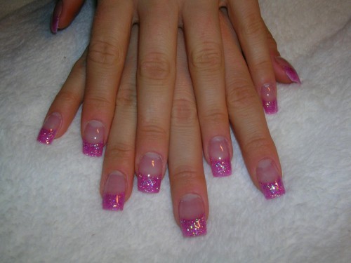 Pink Glitter French Tip Nail Design Idea