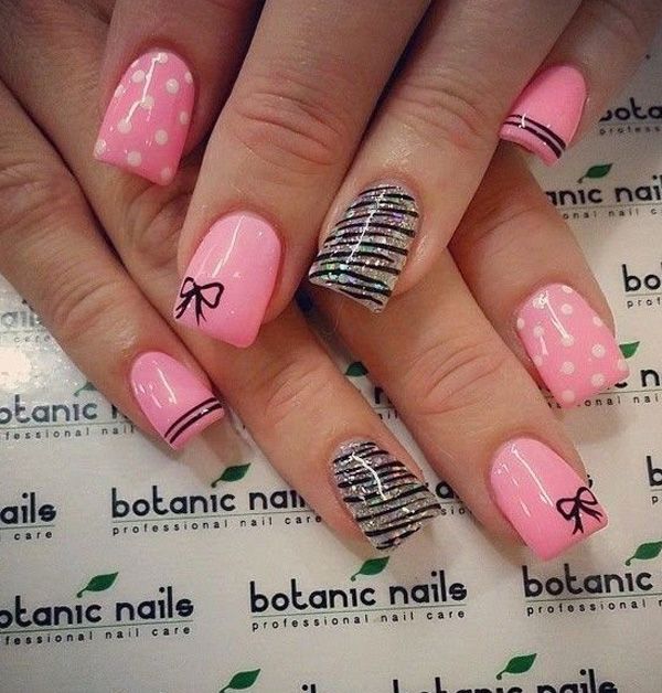 Pink Glossy Nails With Black Bow Nail Art