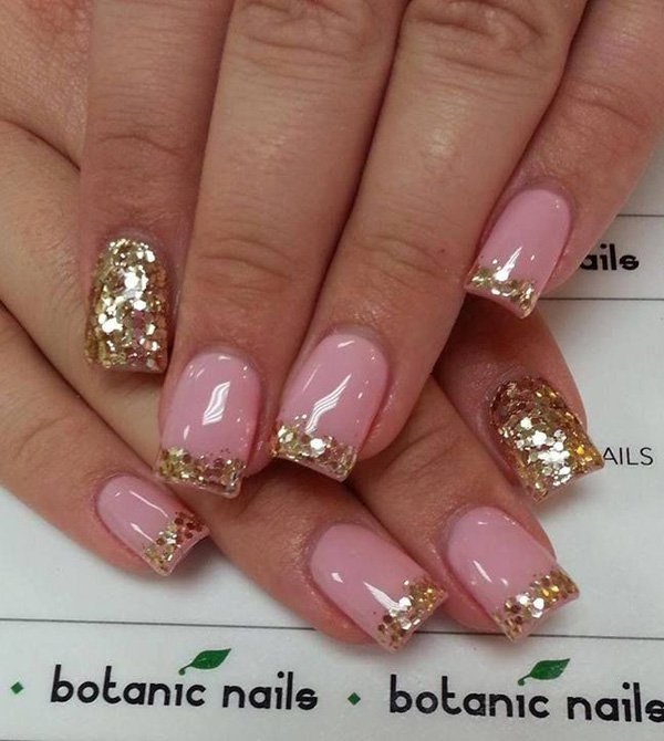Pink Glossy Nails With Gold Glitter French Tip Nail Art
