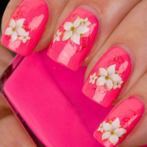 Pink Glossy Nails With White Flower Nail Art