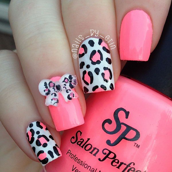 Pink Leopard And 3d Bow Nails Design