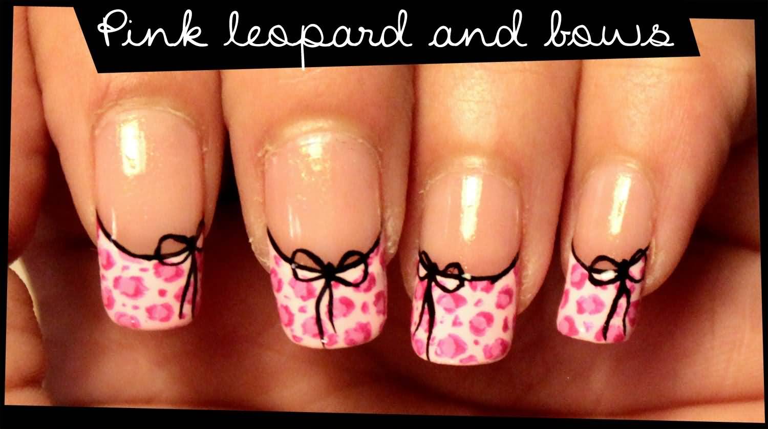 Pink Leopard Print And Black Bows Nail Art