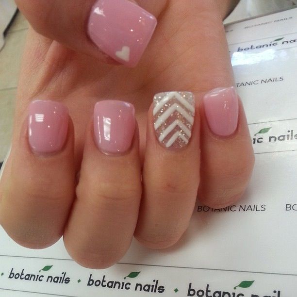 Pink Nails And Gold Glitter Accent Chevron Nail Art