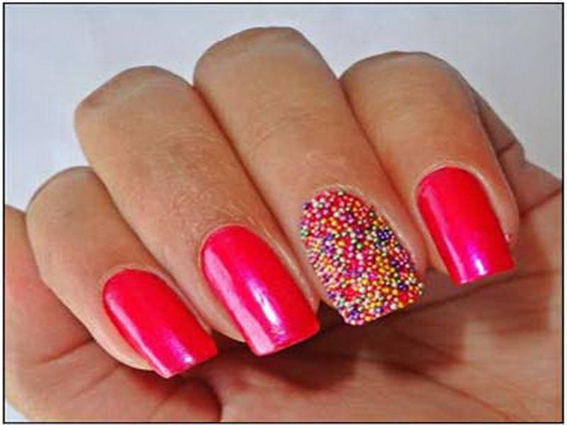 Pink Nails With Accent Rainbow Caviar Nail Art