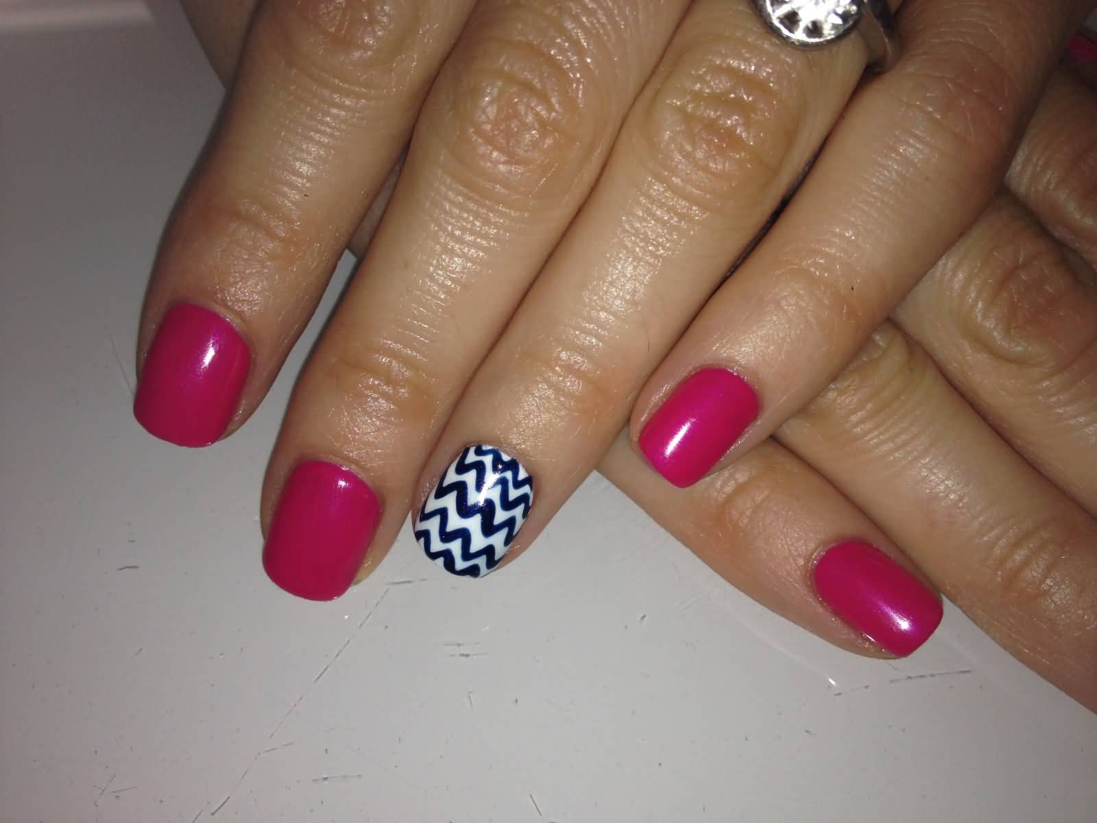 Pink Nails With Black And White Accent Chevron Nail Art