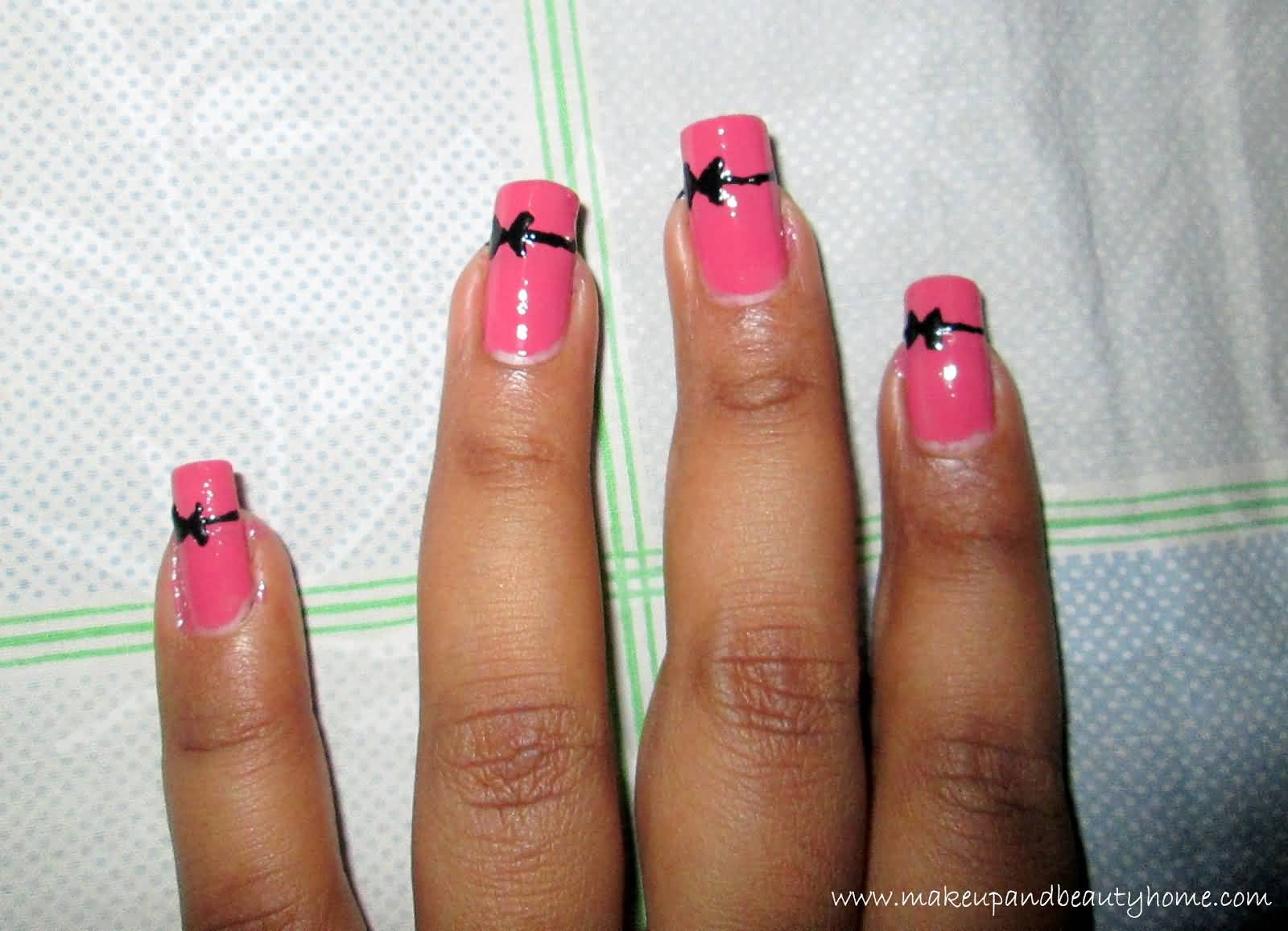 Pink Nails With Black Simple Bow Nail Art