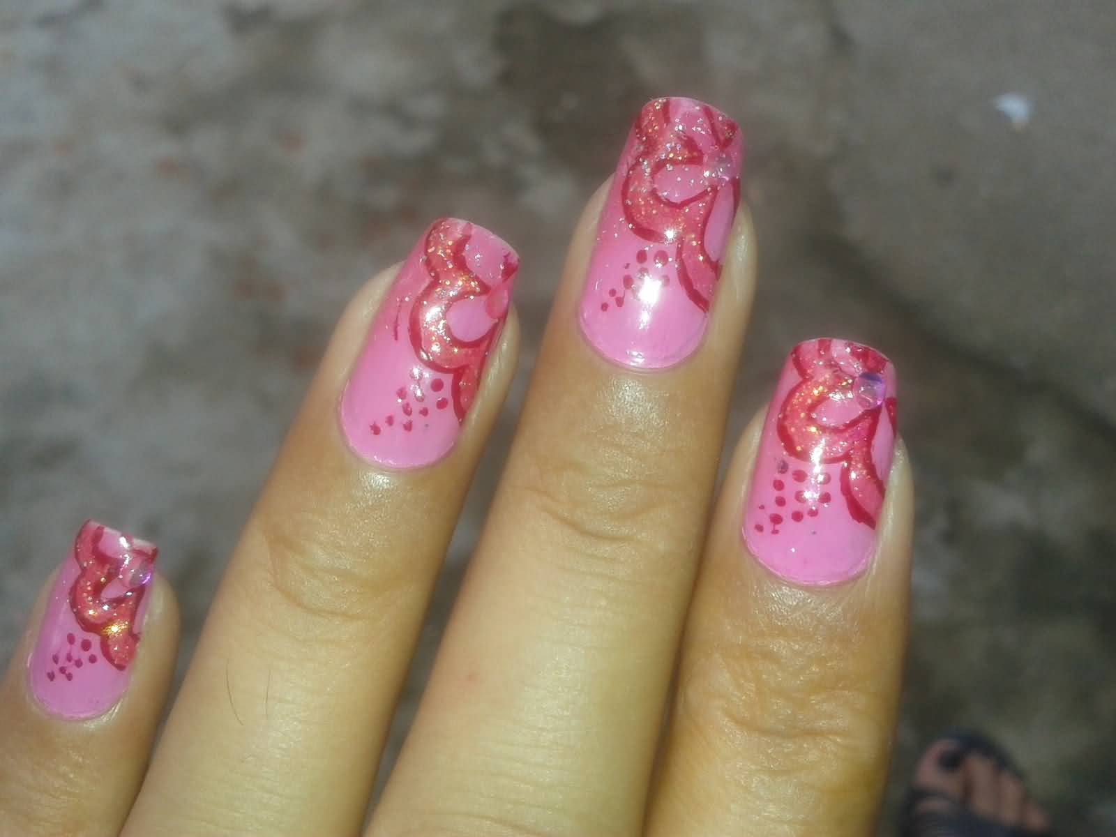 Pink Nails With Red Glitter Flower Nail Art