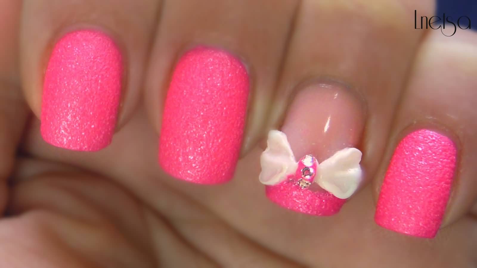 Pink Nails With White 3d Bow Nail Art