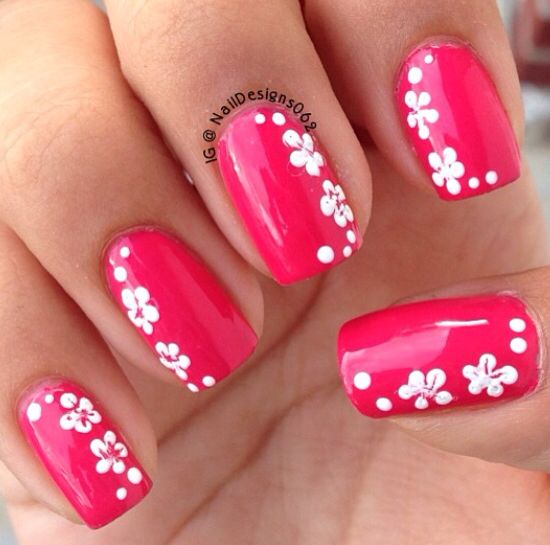 Pink Nails With White Flower Nail Art