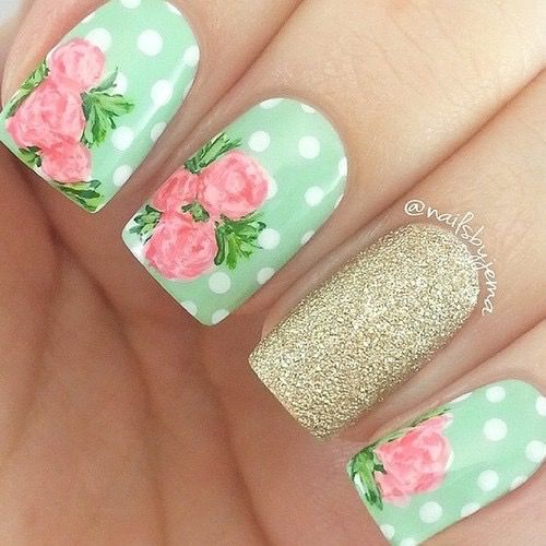 Pink Rose Flower Nail Art With Polka Dots