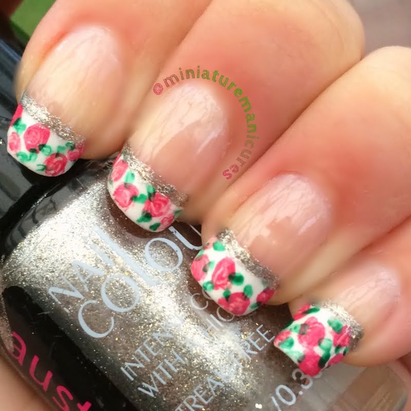 Pink Rose Flowers French Tip Nail Art