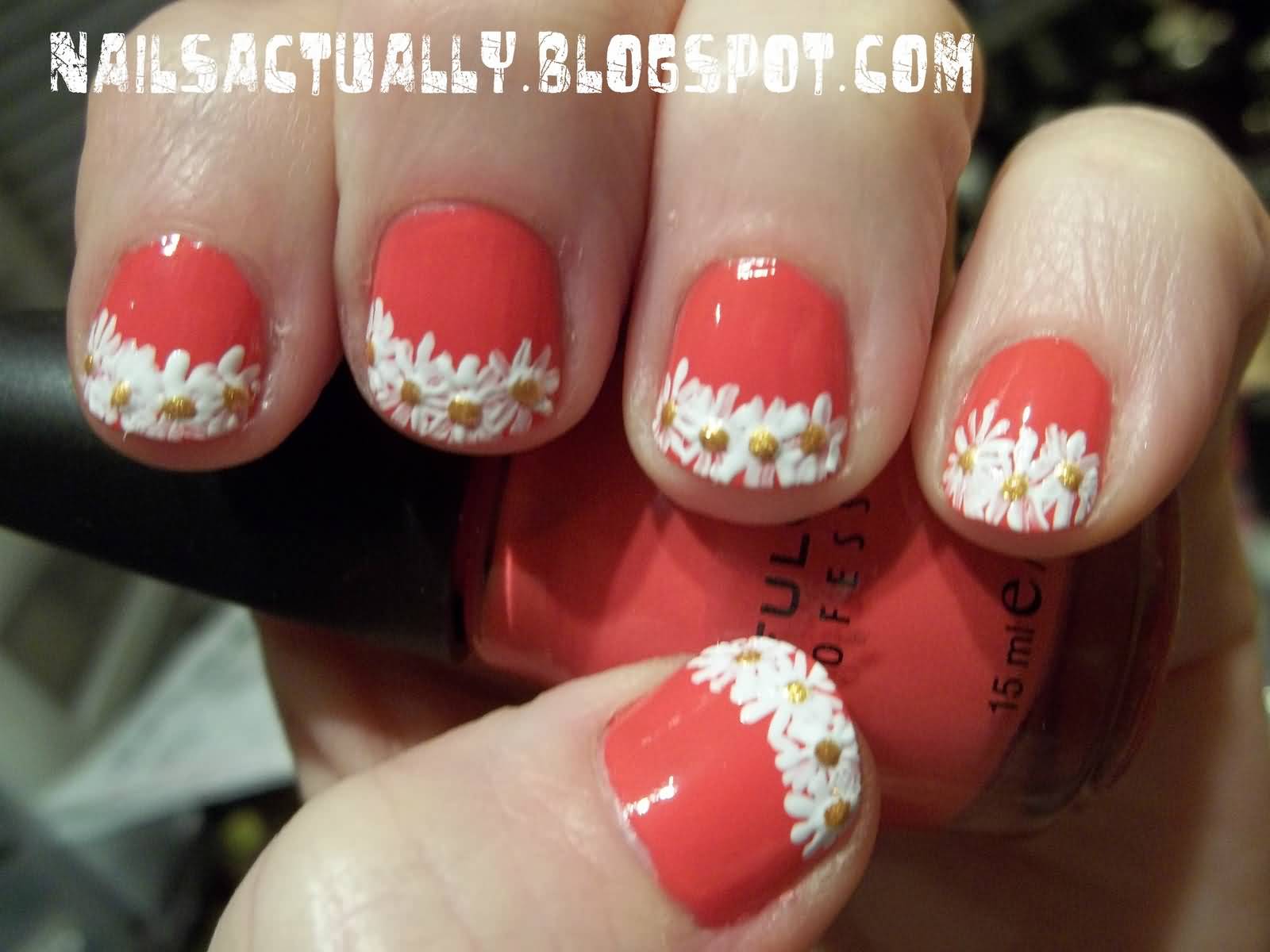 Pink Short Nails With Flowers French Tip Nail Art