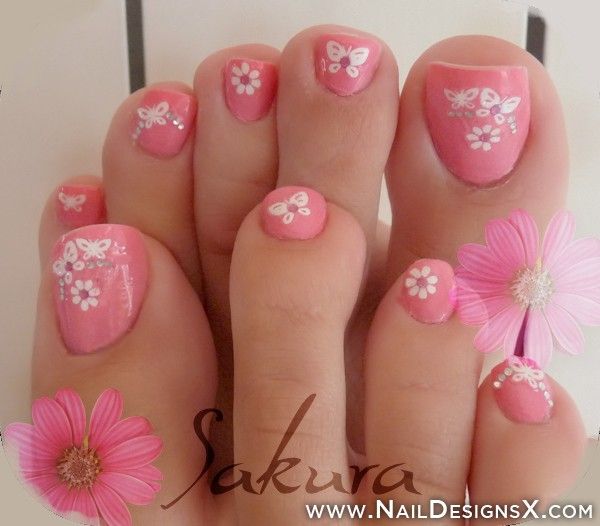 Pink Toe Nail With Cute Flower Nail Art