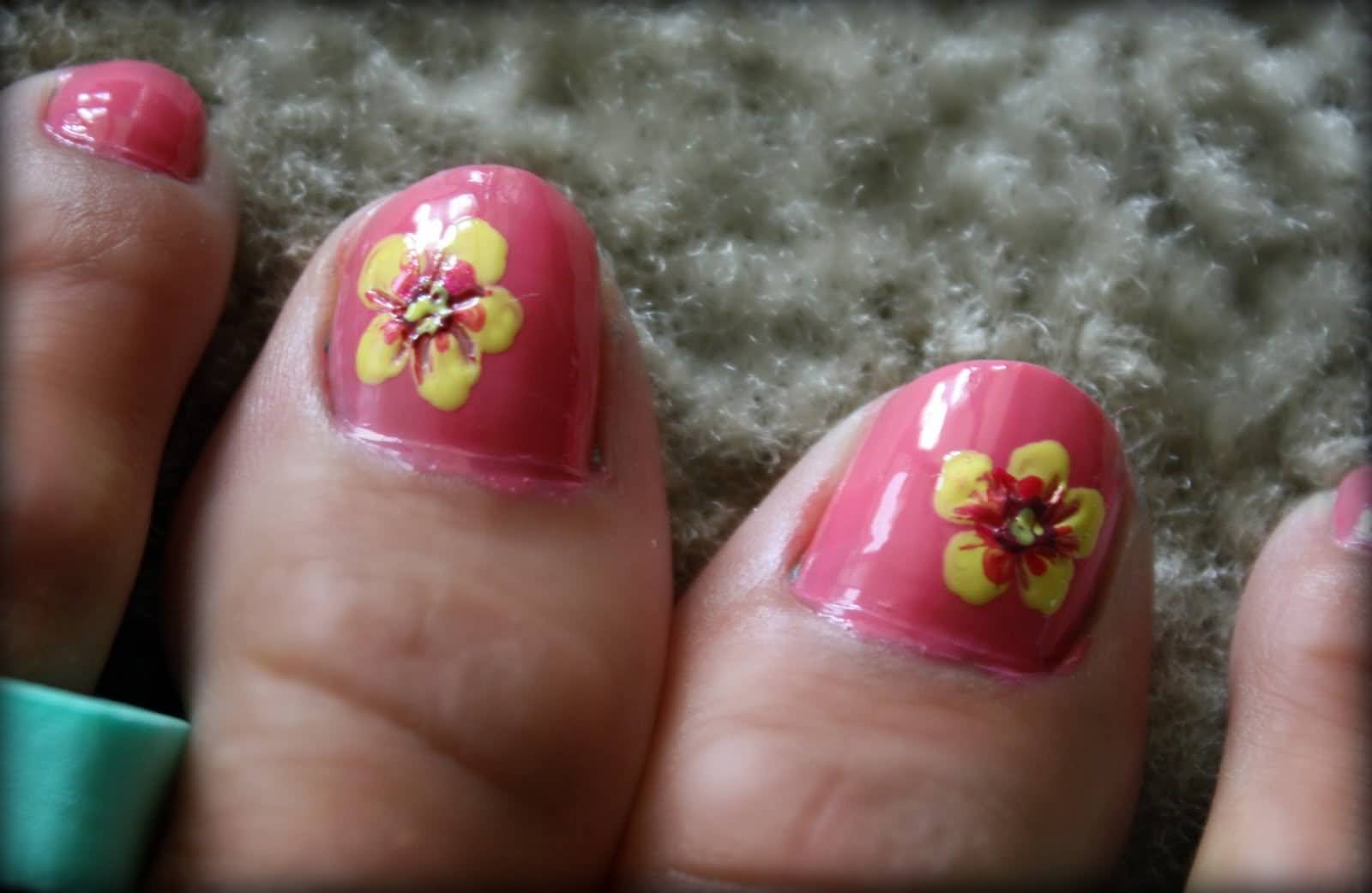 Pink Toe Nails With Yellow Flower Nail Art