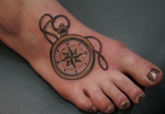Pocket Watch Compass Tattoo On Right Foot