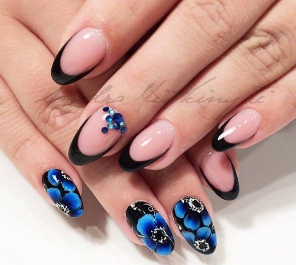 Pretty Blue Flowers Nail Art With Black French Tip Design