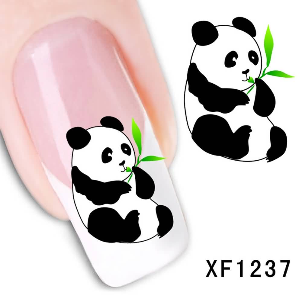 Pretty Small Panda Eating Bamboo Leaves Tattoo On Nail