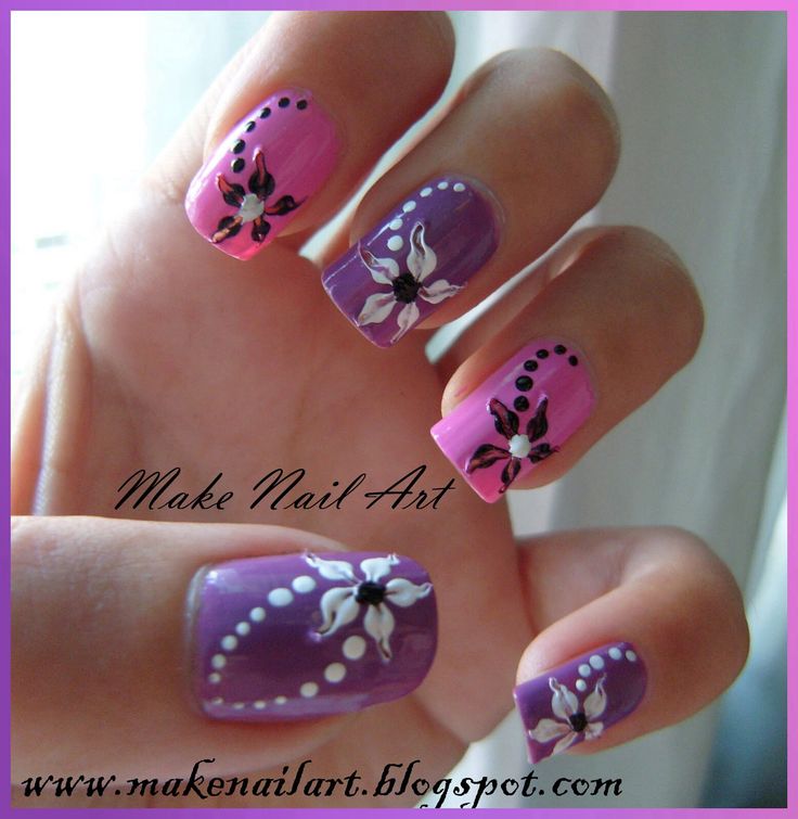 Purple And Pink Nails With Acrylic Flowers Nail Art