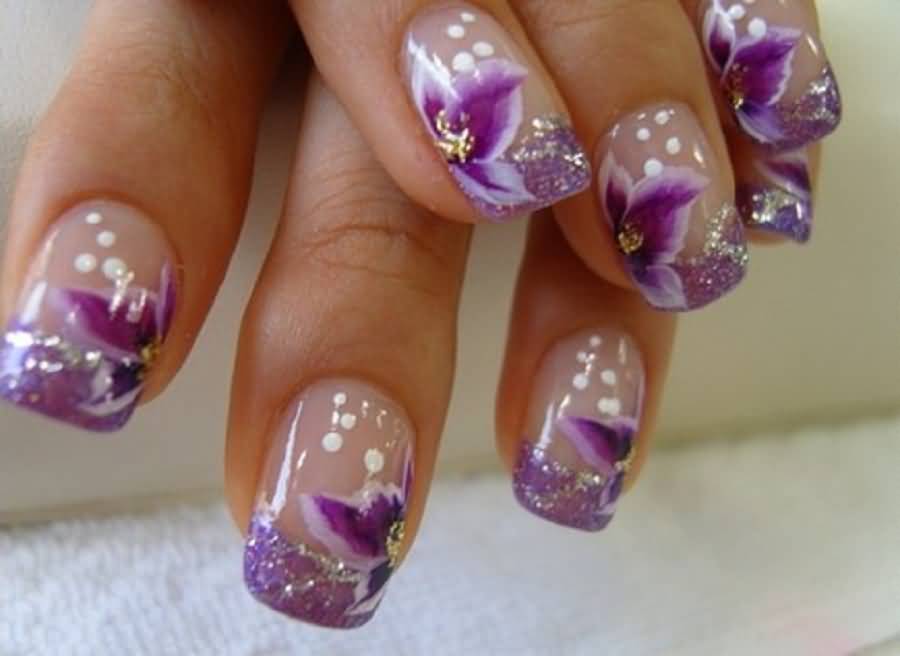 Purple Flower Nail Art With Glitter French Tip