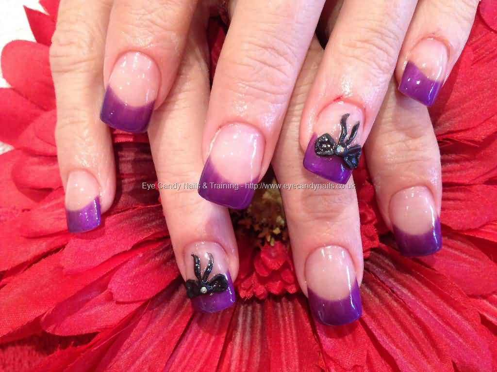 Purple French Tip Nails With Black 3d Bow Nail Art Design