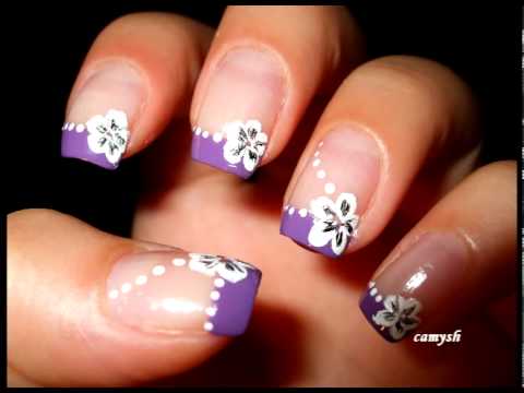 Purple French Tip With White Flower Nail Art