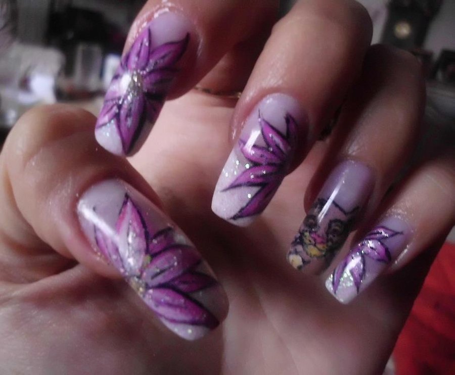 Purple Glitter Flower Nail Art