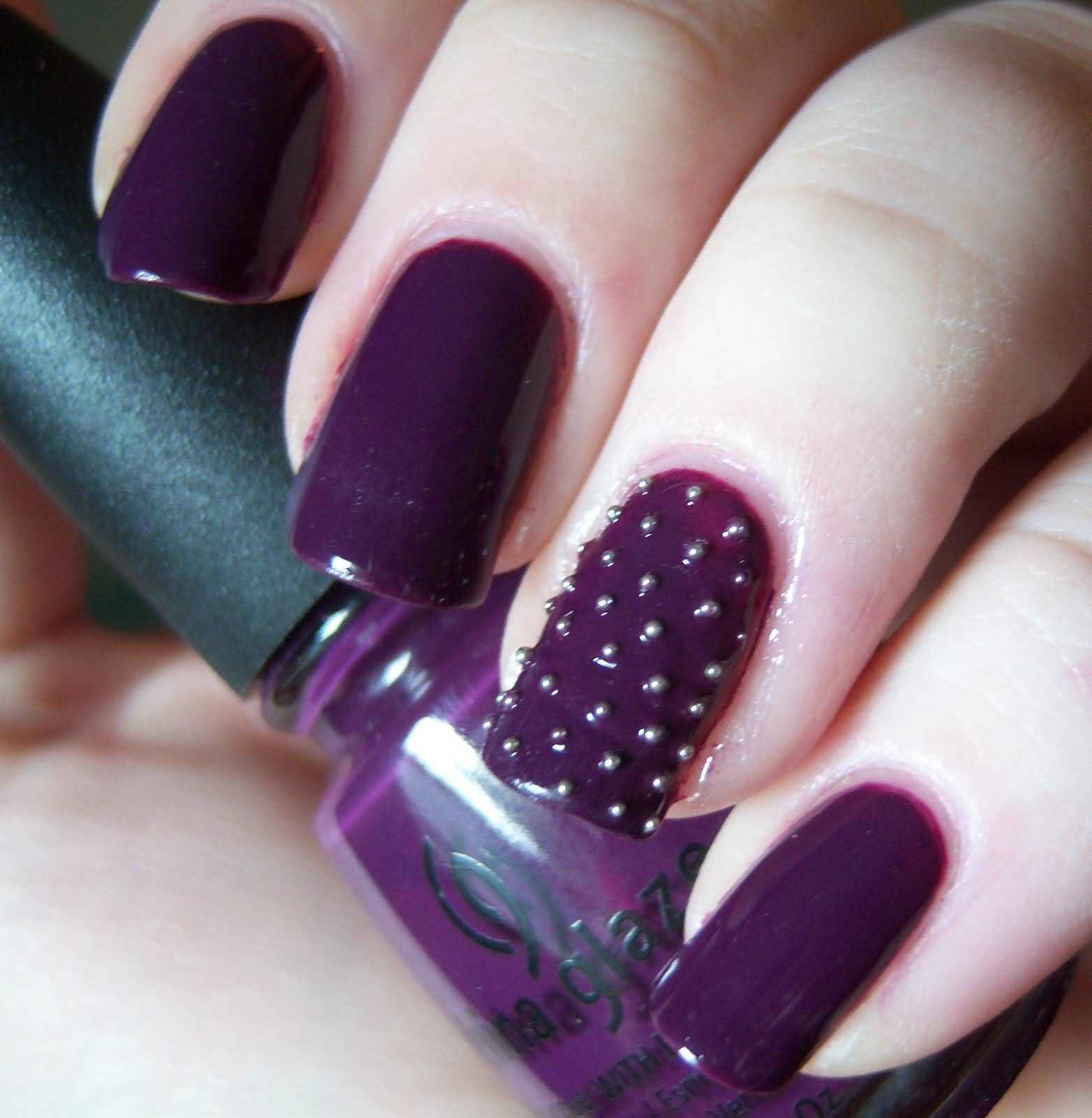 Purple Glossy Nails With Metallic Caviar Nail Art