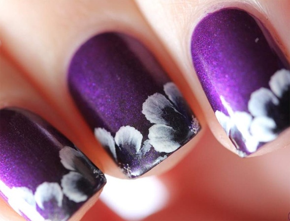 Purple Nails With Beautiful Flowers Nail Art
