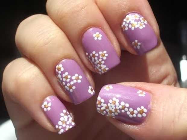 Purple Nails With White Flower Nail Art