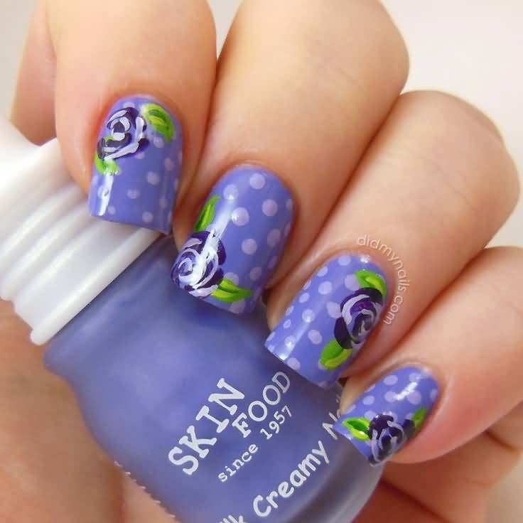 Purple Polka Dots And Flowers Nail Idea