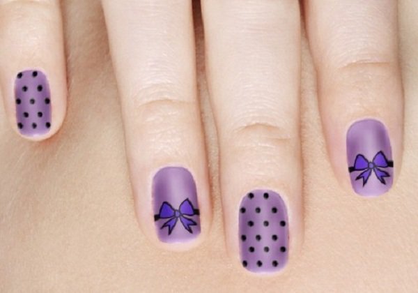 Purple Polka Dots And Simple Bow Nail Art