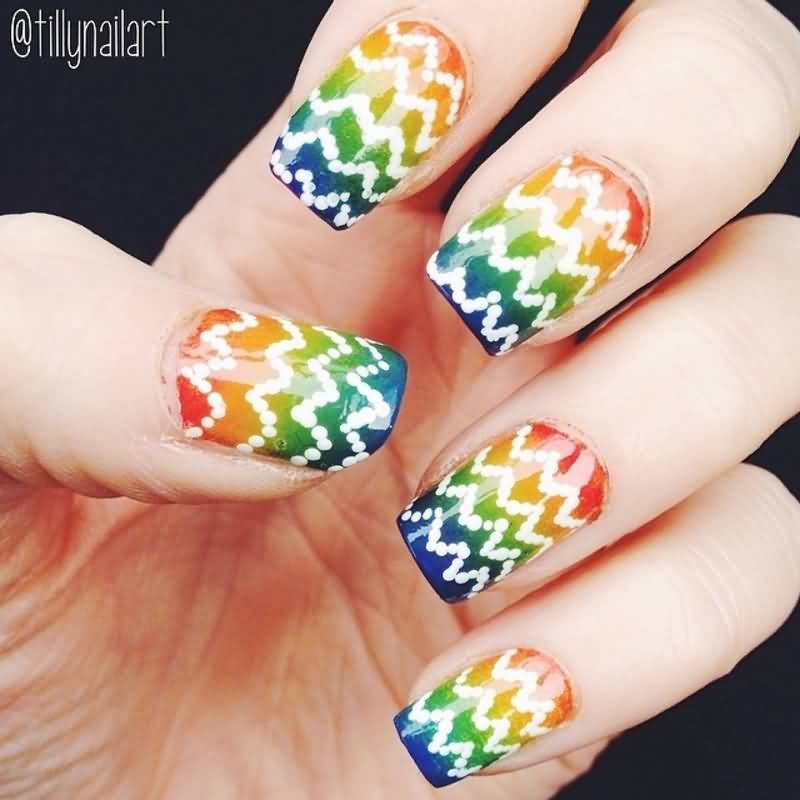 Rainbow Polka Dots Chevron Nail Art