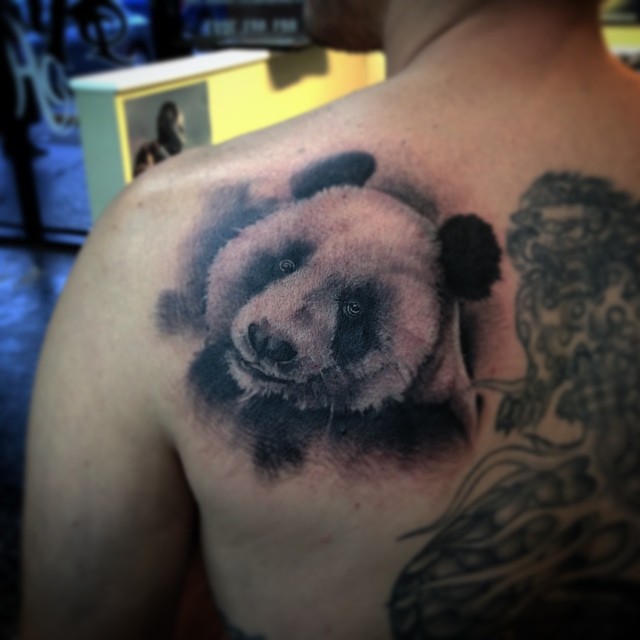 Realistic Panda Head With Tree Roots Tattoo On Left upper Back
