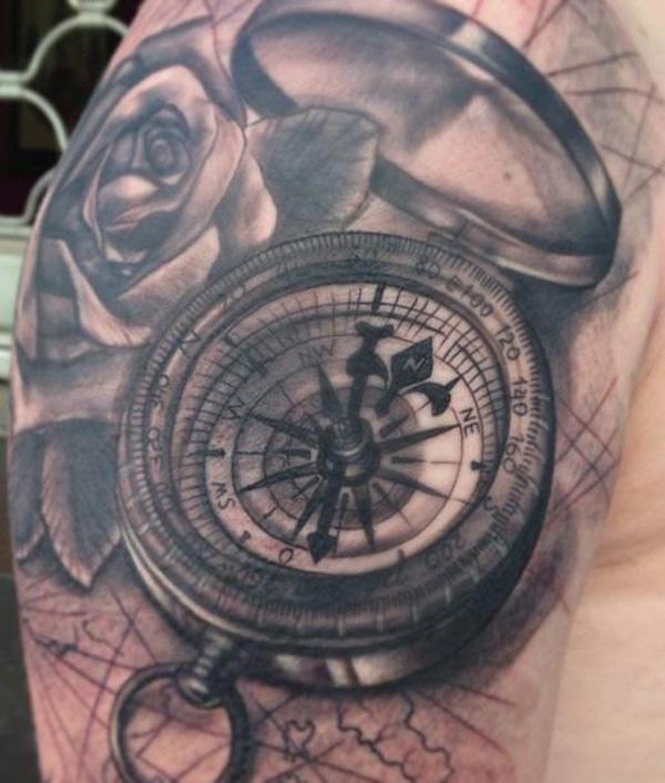 Realistic Compass Tattoo On Right Shoulder