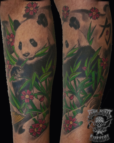 Realistic Panda Bear Eating Bamboos With Red Flower Tattoo